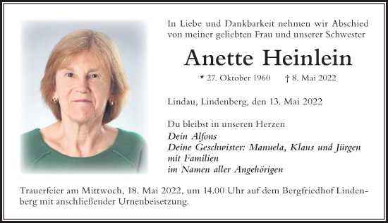 Traueranzeige von Anette Heinlein von Der Westallgäuer