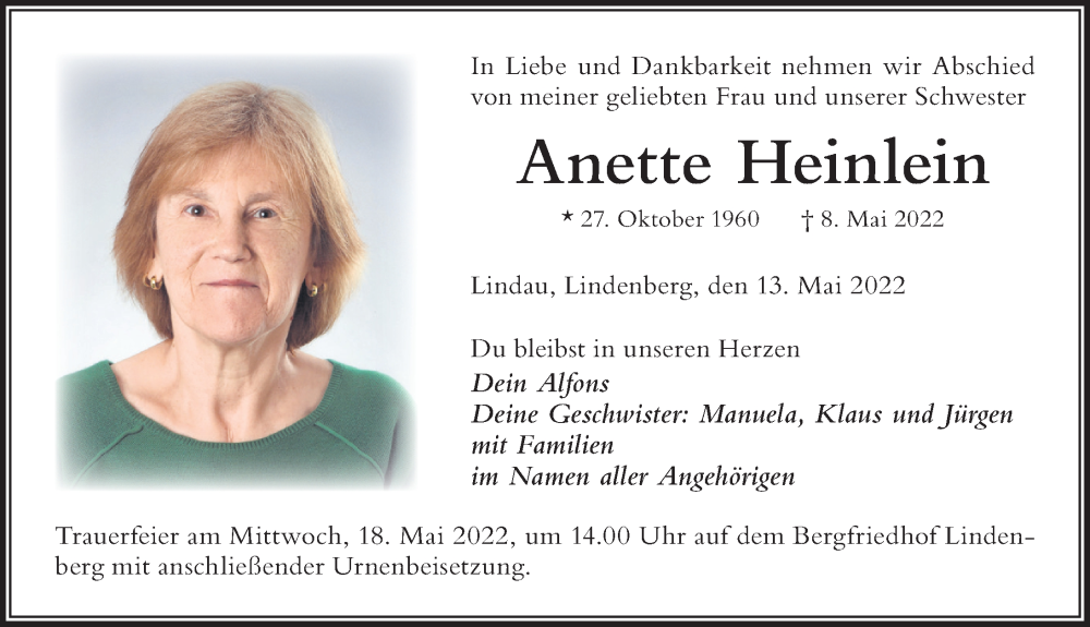  Traueranzeige für Anette Heinlein vom 13.05.2022 aus Der Westallgäuer