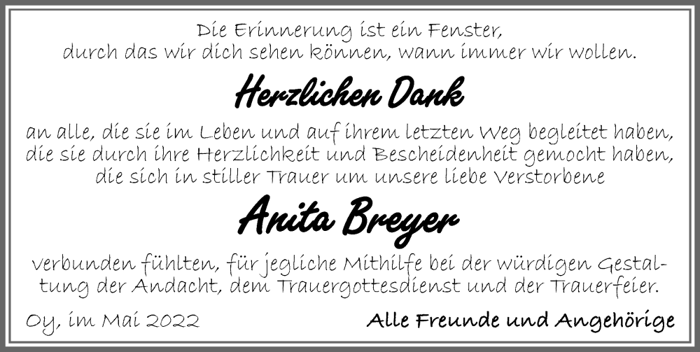  Traueranzeige für Anita Breyer vom 19.05.2022 aus Allgäuer Zeitung,Kempten