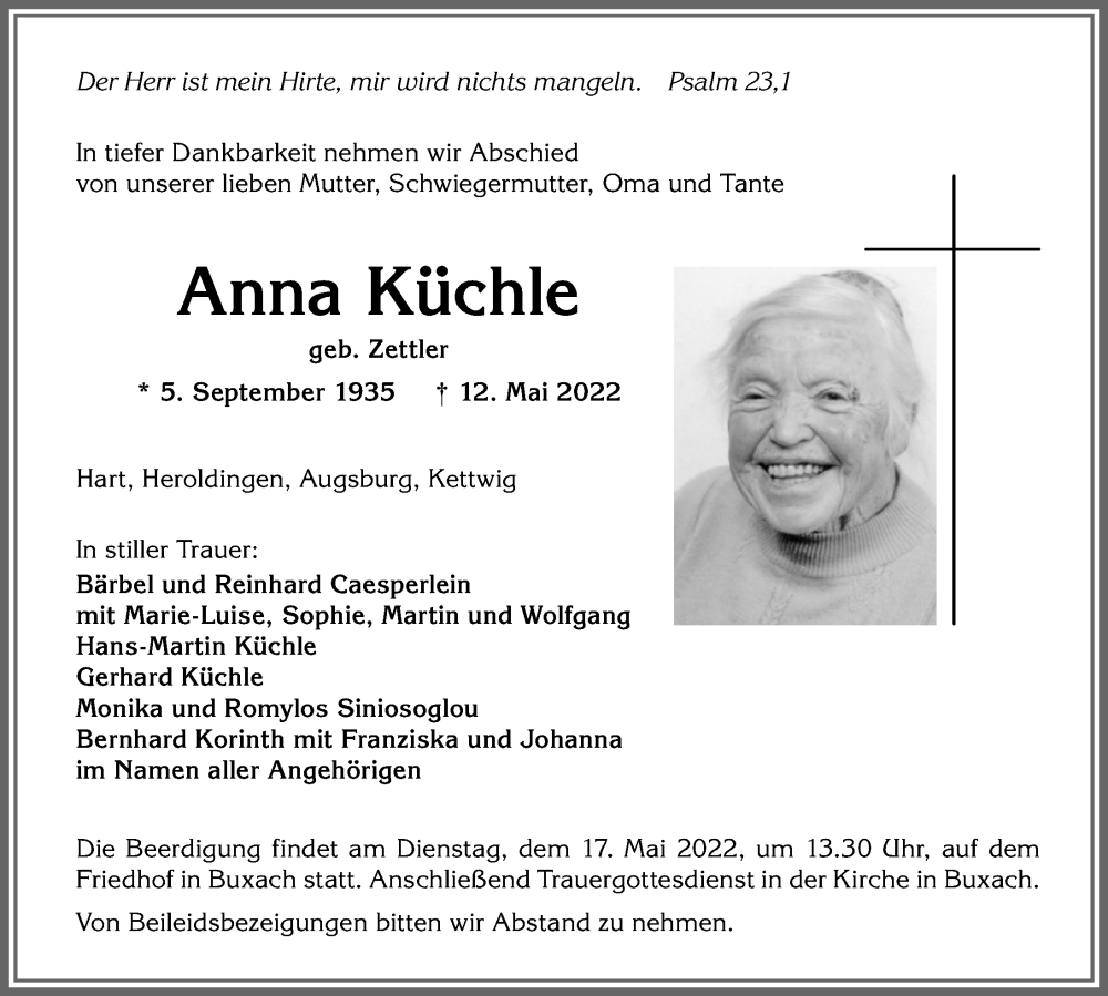  Traueranzeige für Anna Küchle vom 16.05.2022 aus Memminger Zeitung