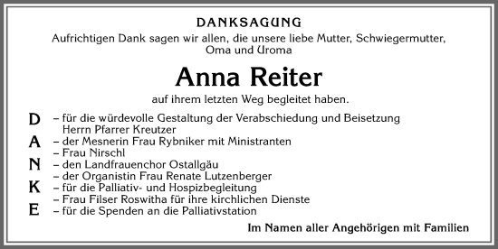 Traueranzeige von Anna Reiter von Allgäuer Zeitung, Kaufbeuren/Buchloe