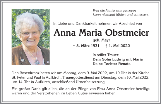 Traueranzeige von Anna Maria Obstmeier von Allgäuer Zeitung, Kaufbeuren/Buchloe