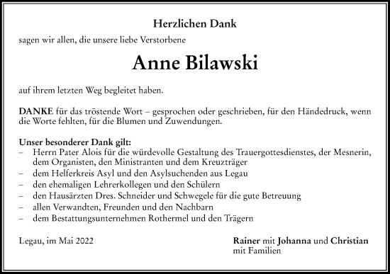 Traueranzeige von Anne Bilawski von Memminger Zeitung