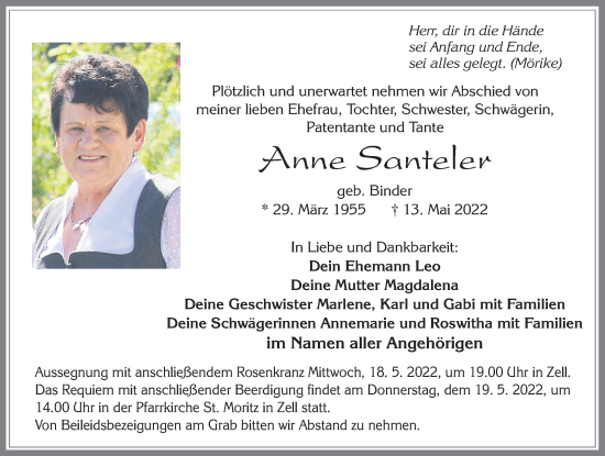 Traueranzeige von Anne Santeler von Allgäuer Zeitung, Füssen