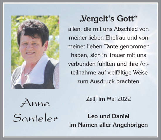 Traueranzeige von Anne Santeler von Allgäuer Zeitung, Füssen