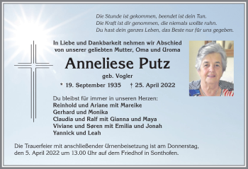 Traueranzeige von Anneliese Putz von Allgäuer Anzeigeblatt