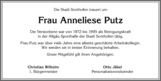 Traueranzeige von Anneliese Putz von Allgäuer Anzeigeblatt