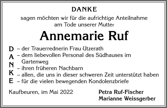 Traueranzeige von Annemarie Ruf von Allgäuer Zeitung, Kaufbeuren/Buchloe