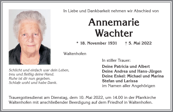 Traueranzeige von Annemarie Wachter von Allgäuer Zeitung,Kempten