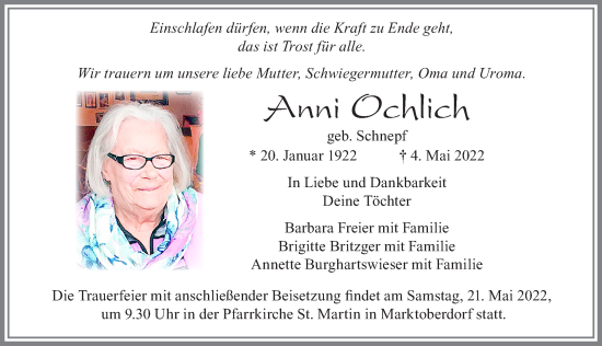 Traueranzeige von Anni Ochlich von Allgäuer Zeitung, Marktoberdorf