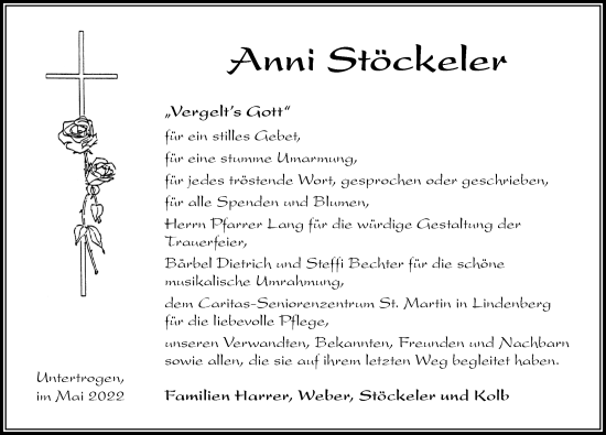 Traueranzeige von Anni Stöckeler von Der Westallgäuer