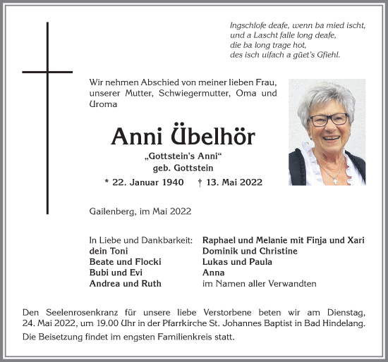 Traueranzeige von Anni Übelhör von Allgäuer Anzeigeblatt
