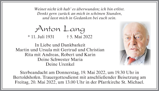 Traueranzeige von Anton Lang von Allgäuer Zeitung, Marktoberdorf