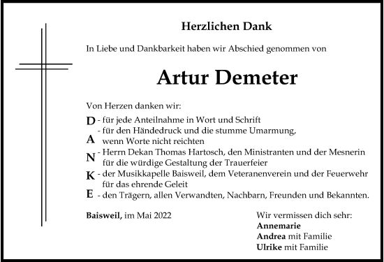 Traueranzeige von Artur Demeter von Allgäuer Zeitung, Kaufbeuren/Buchloe