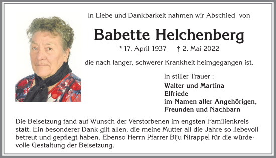 Traueranzeige von Babette Helchenberg von Allgäuer Zeitung,Kempten