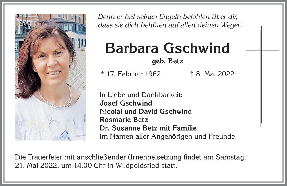  Traueranzeige für Barbara Gschwind vom 12.05.2022 aus Allgäuer Zeitung,Kempten