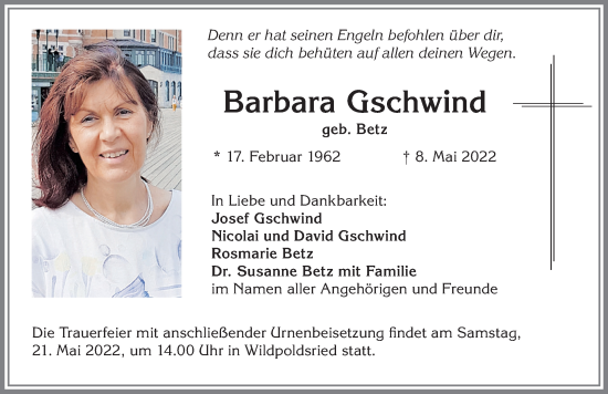 Traueranzeige von Barbara Gschwind von Allgäuer Zeitung,Kempten