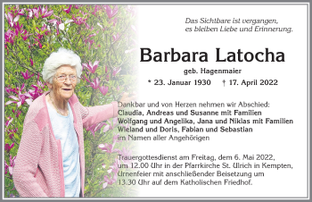 Traueranzeige von Barbara Latocha von Allgäuer Zeitung,Kempten