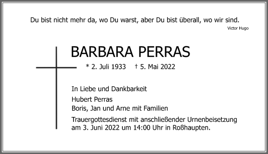 Traueranzeige von Barbara Perras von Allgäuer Zeitung, Füssen