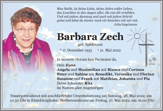 Traueranzeige von Barbara Zech von Allgäuer Zeitung, Kaufbeuren/Buchloe