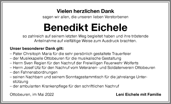 Traueranzeige von Benedikt Eichele von Memminger Zeitung
