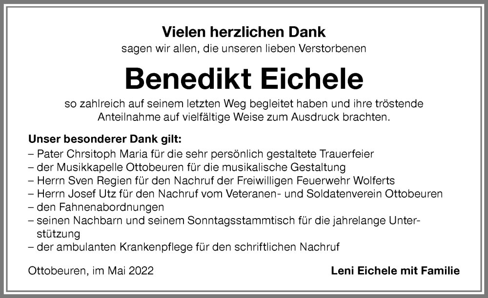  Traueranzeige für Benedikt Eichele vom 17.05.2022 aus Memminger Zeitung