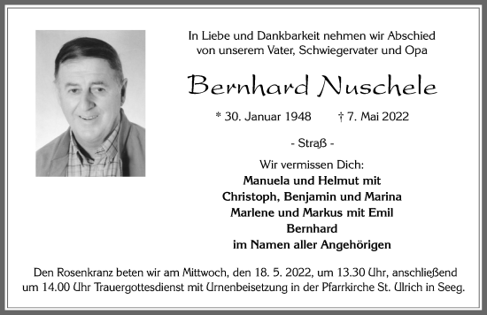 Traueranzeige von Bernhard Nuschele von Allgäuer Zeitung, Füssen