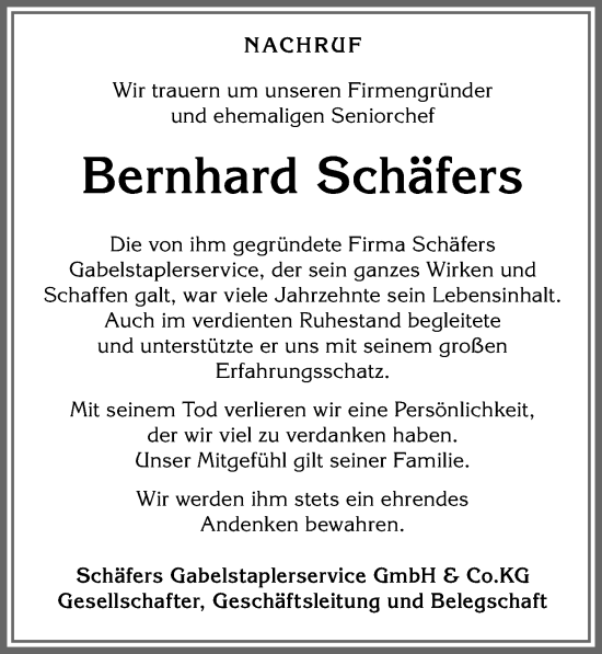 Traueranzeige von Bernhard Schäfers von Allgäuer Zeitung, Kaufbeuren/Buchloe