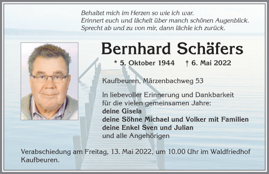 Traueranzeige von Bernhard Schäfers von Allgäuer Zeitung, Kaufbeuren/Buchloe