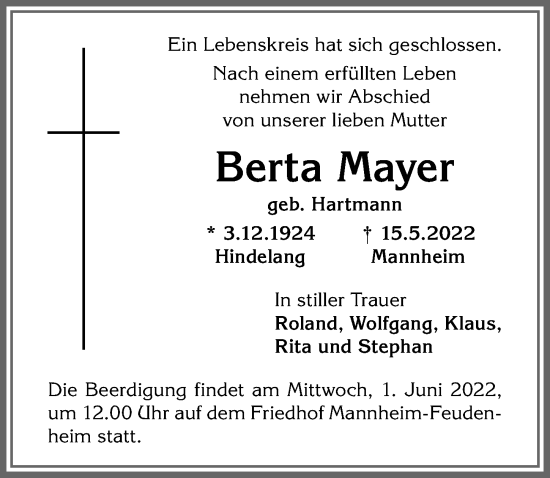 Traueranzeige von Berta Mayer von Allgäuer Anzeigeblatt