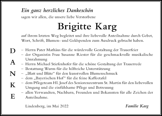 Traueranzeige von Brigitte Karg von Der Westallgäuer