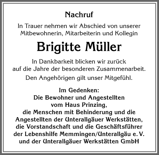 Traueranzeige von Brigitte Müller von Memminger Zeitung