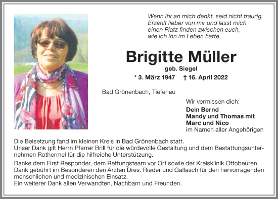 Traueranzeige von Brigitte Müller von Memminger Zeitung