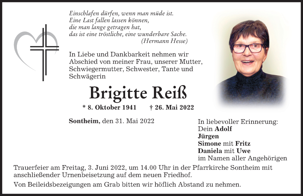  Traueranzeige für Brigitte Reiß vom 31.05.2022 aus Memminger Zeitung