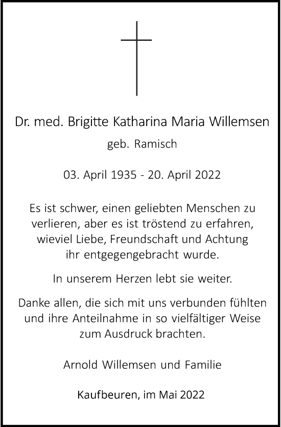 Traueranzeige von Brigitte Katharina Maria Willemsen von Allgäuer Zeitung, Kaufbeuren/Buchloe