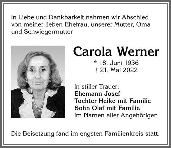 Traueranzeige von Carola Werner von Allgäuer Zeitung,Kempten