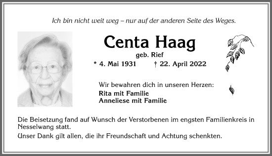 Traueranzeige von Centa Haag von Allgäuer Anzeigeblatt