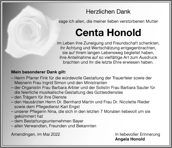 Traueranzeige von Centa Honold von Memminger Zeitung