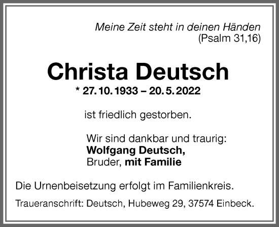 Traueranzeige von Christa Deutsch von Memminger Zeitung