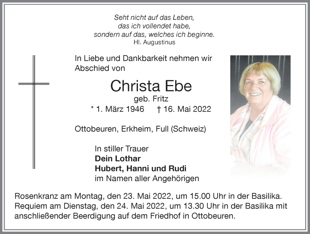  Traueranzeige für Christa Ebe vom 19.05.2022 aus Memminger Zeitung