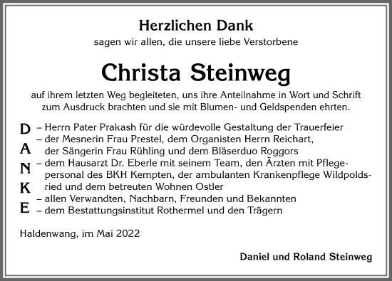 Traueranzeige von Christa Steinweg von Allgäuer Zeitung,Kempten