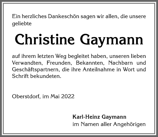 Traueranzeige von Christine Gaymann von Allgäuer Anzeigeblatt