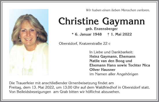 Traueranzeige von Christine Gaymann von Allgäuer Anzeigeblatt