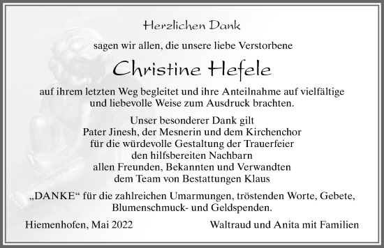 Traueranzeige von Christine Hefele von Allgäuer Zeitung, Marktoberdorf