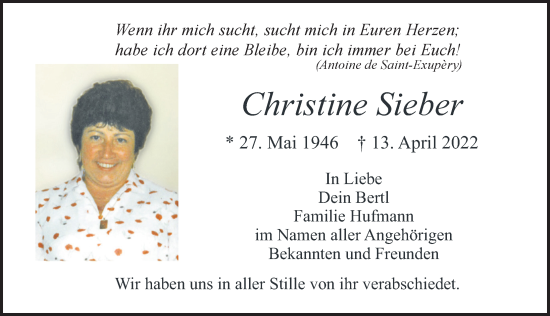 Traueranzeige von Christine Sieber von Allgäuer Zeitung, Füssen