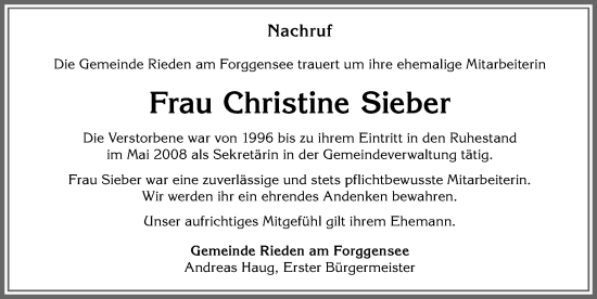 Traueranzeige von Christine Sieber von Allgäuer Zeitung, Füssen