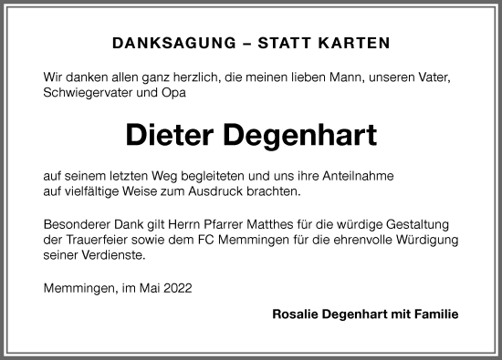 Traueranzeige von Dieter Degenhart von Memminger Zeitung
