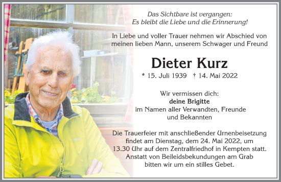 Traueranzeige von Dieter Kurz von Allgäuer Zeitung,Kempten