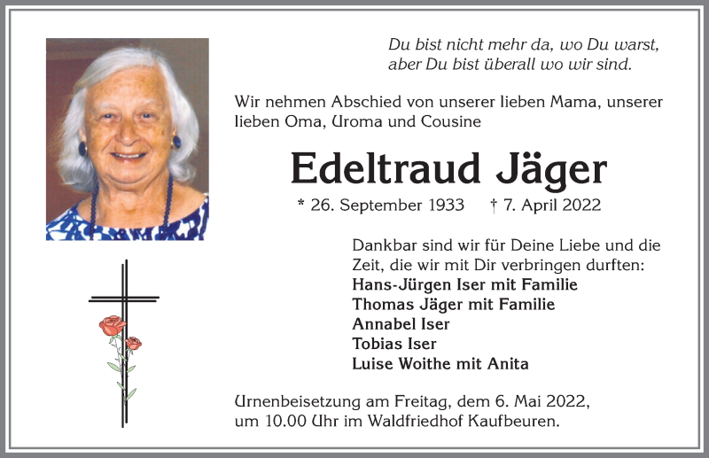 Traueranzeige für Edeltraud Jäger vom 30.04.2022 aus Allgäuer Zeitung, Kaufbeuren/Buchloe