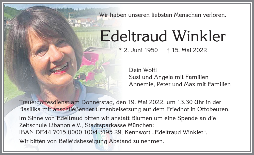  Traueranzeige für Edeltraud Winkler vom 17.05.2022 aus Memminger Zeitung